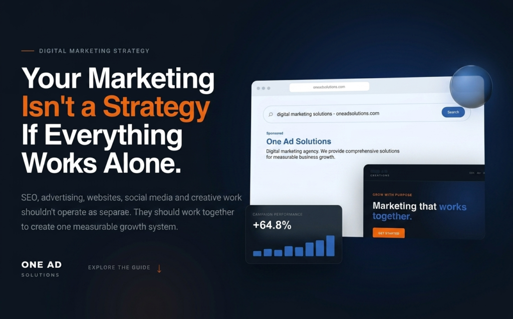 Hero banner design by One Ad Solutions, the best digital marketing agency in Lahore, showcasing an integrated growth marketing strategy, a Google search result mockup, and an analytics performance dashboard.