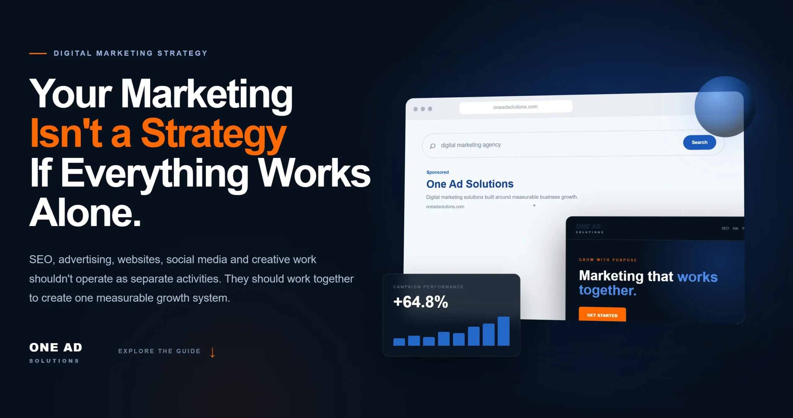 Digital marketing SEO strategy showing Google search results and analytics performance.