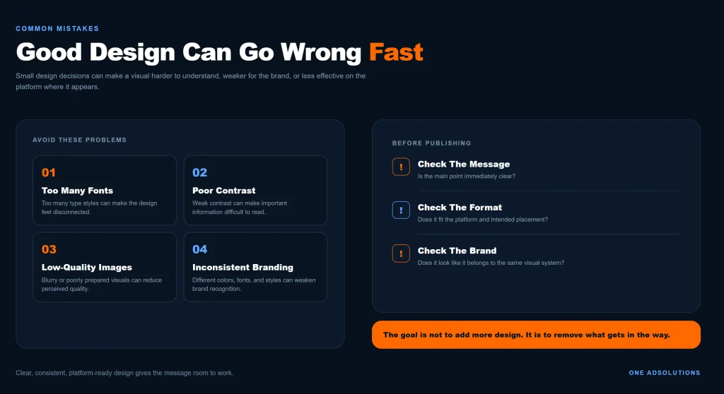 Common graphic design mistakes including excessive fonts, poor contrast, low-quality images, and inconsistent branding