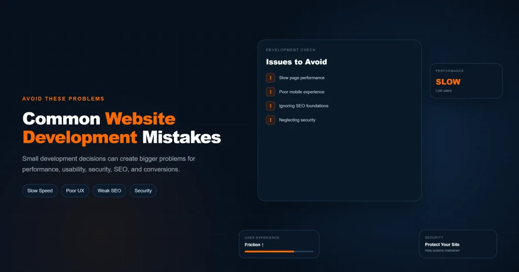 Common website development mistakes including poor navigation, slow performance, and mobile issues
