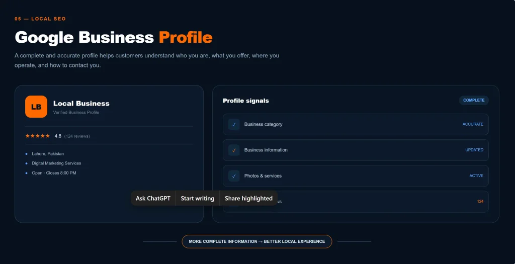 Google Business Profile dashboard showing business information, reviews, services, and local signals