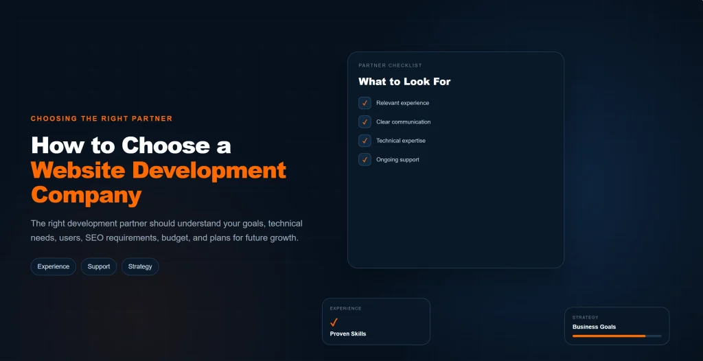 Business owner evaluating a website development company and its technical services